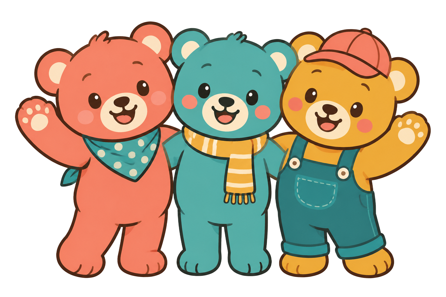 Three teddy bear friends waving